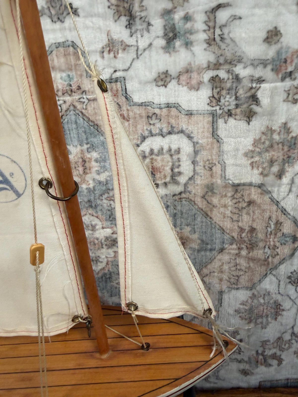 Vintage Wooden Model Sailboat with Fabric Sails
