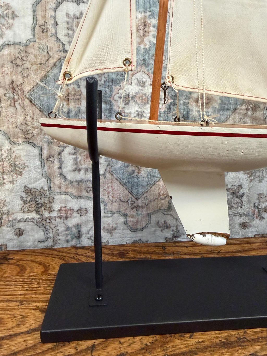 Vintage Wooden Model Sailboat with Fabric Sails