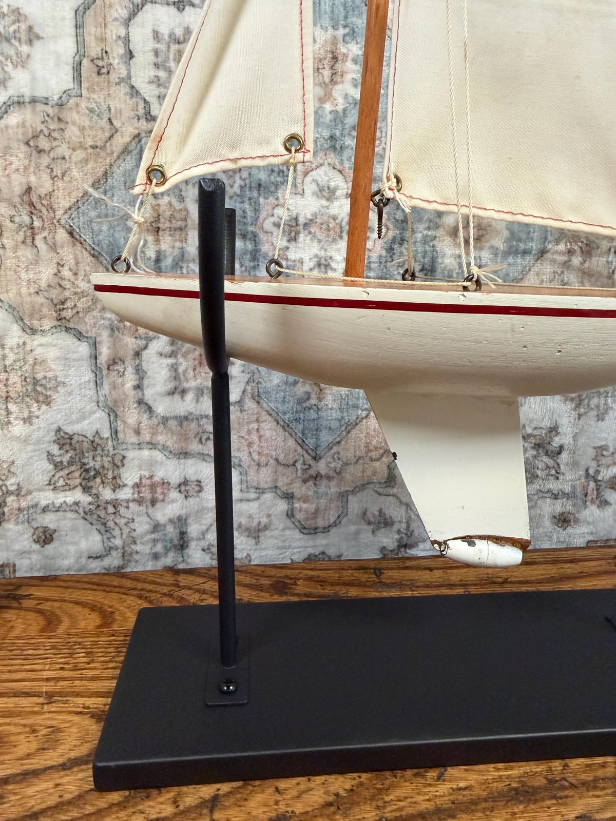 Vintage Wooden Model Sailboat with Fabric Sails