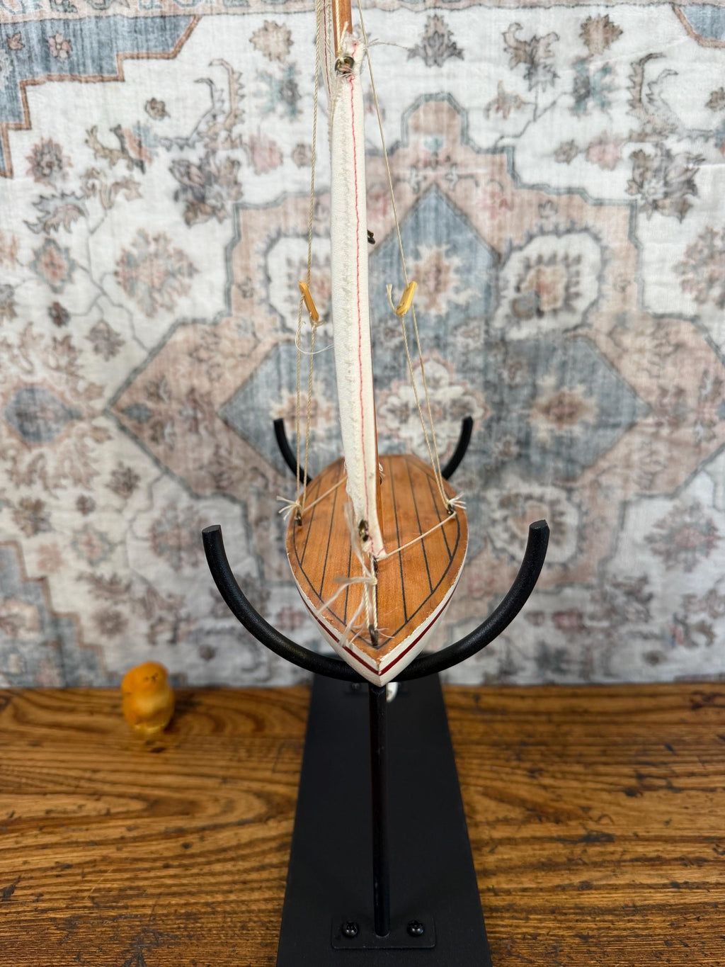 Vintage Wooden Model Sailboat with Fabric Sails