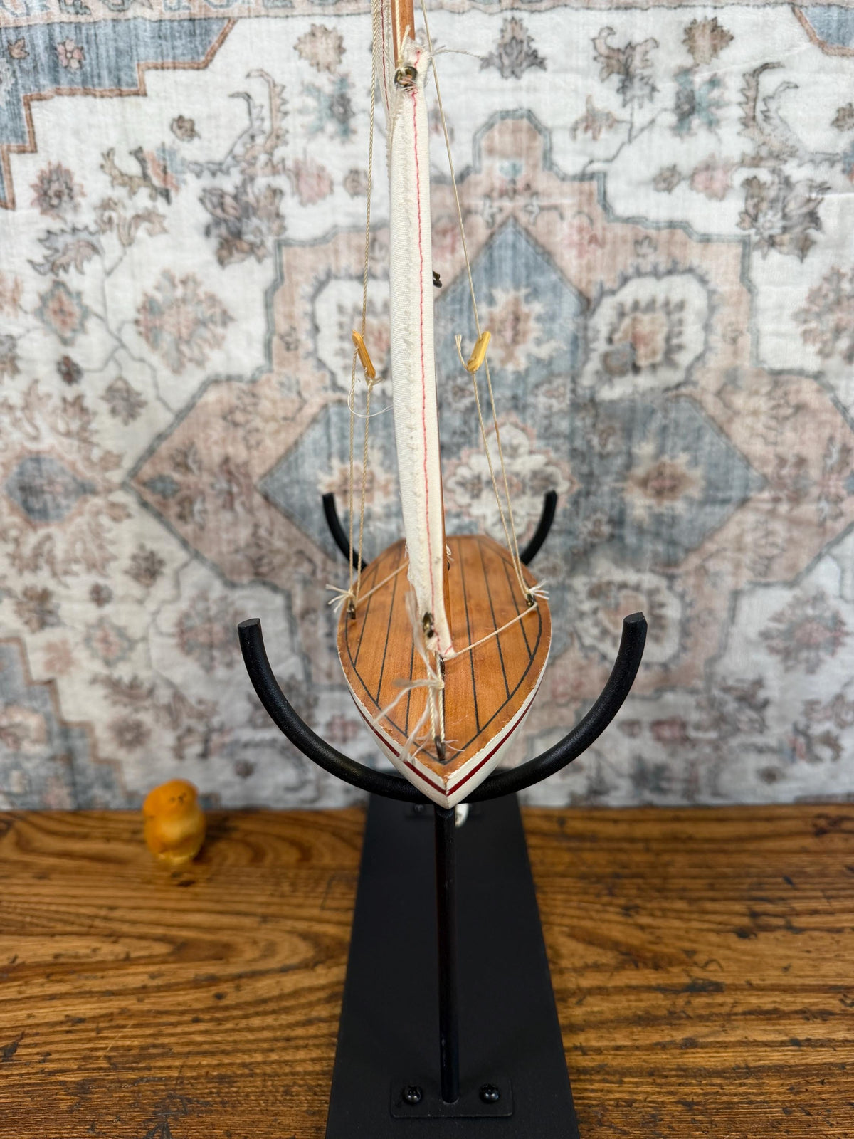 Vintage Wooden Model Sailboat with Fabric Sails