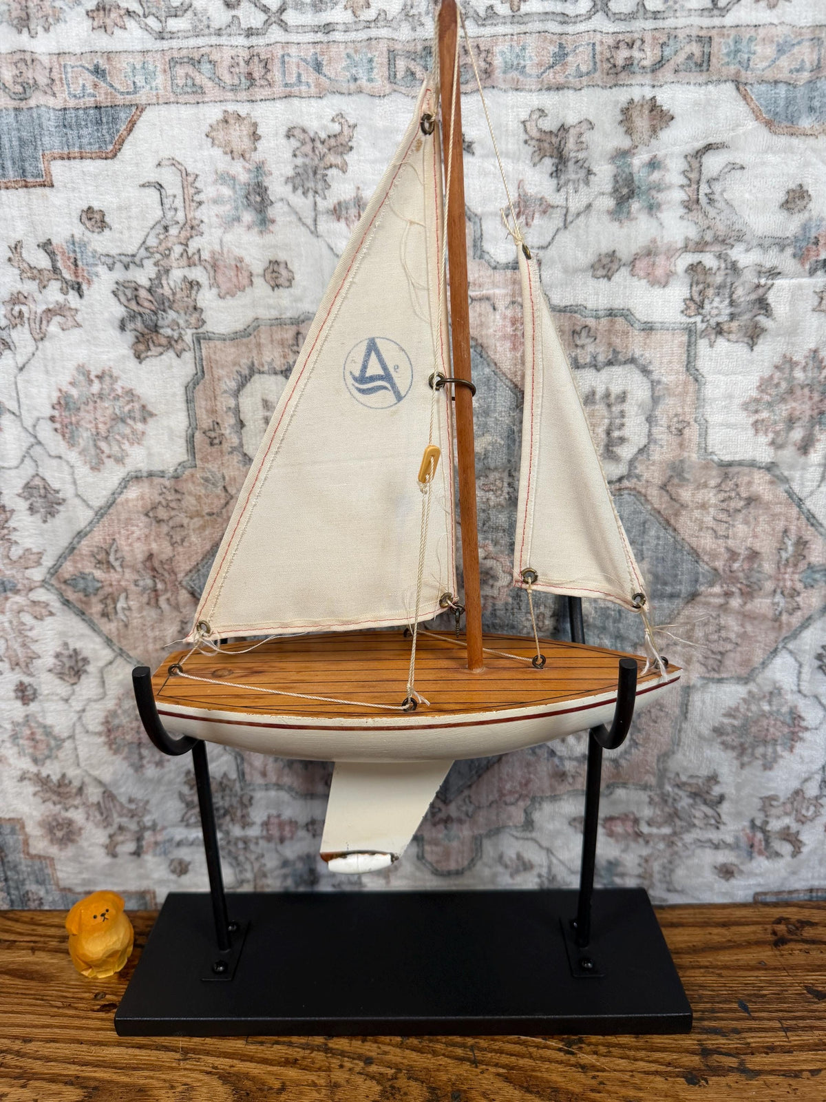 Vintage Wooden Model Sailboat with Fabric Sails