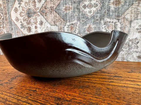 Vintage Mid Century Ikebana Bowl with Metal Flower Frog | Sculptural Brown Studio Pottery Floral Arranger