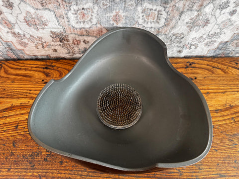 Vintage Mid Century Ikebana Bowl with Metal Flower Frog | Sculptural Brown Studio Pottery Floral Arranger