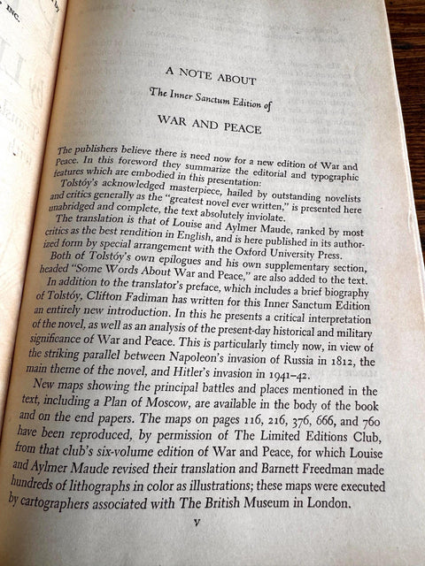 War and Peace by Leo Tolstoy | 1942 Hardcover, Inner Sanctum Edition