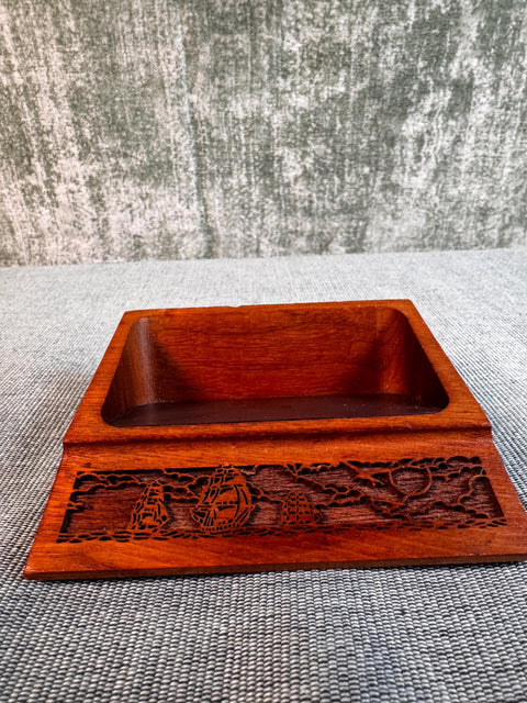Walnut Wooden Paperclip Dish with Carved Ship Design