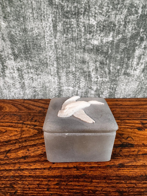 Frosted Glass Decorative Box with White Bird Motif