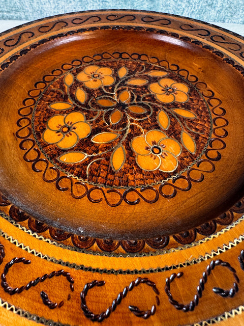Vintage Polish Folk Art Wood Plate, 7.5" Floral Plate with Brass Inlay