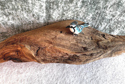 Small Blue Jay Bird Figurine on Driftwood Base