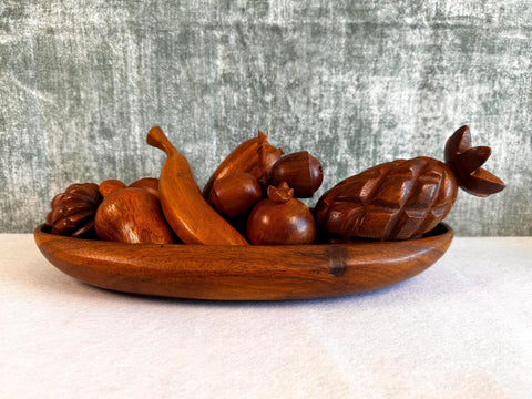 Hand Carved Monkey Pod Wooden Fruit Set with Tray