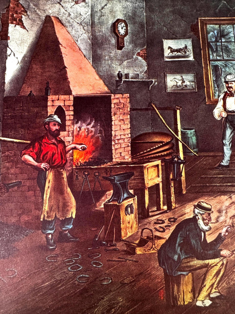 Trotting Cracks at the Forge by Thomas Worth | Currier & Ives Lithograph Print