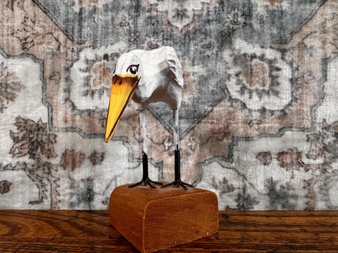 Hand Carved Wooden Bird Figurine on Block Base