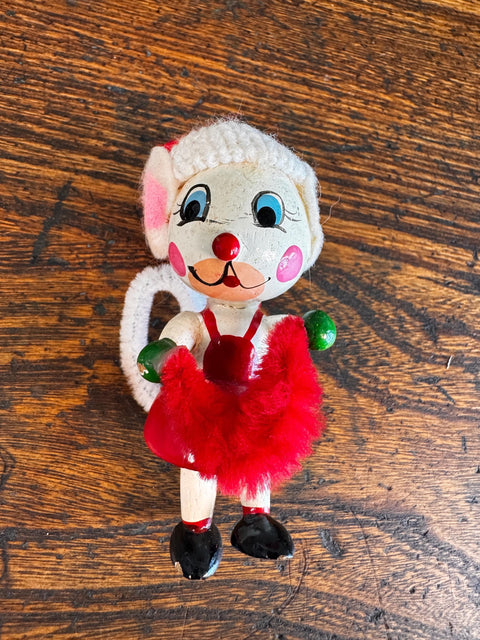 Vintage Christmas Mouse Figurine with Red Dress and Knitted Hat