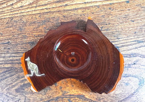 Wooden Ashtray Shaped Like Australia with Brass Kangaroo Accent
