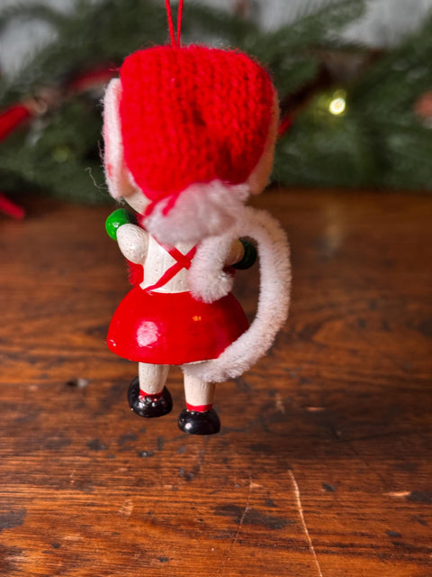 Vintage Christmas Mouse Figurine with Red Dress and Knitted Hat
