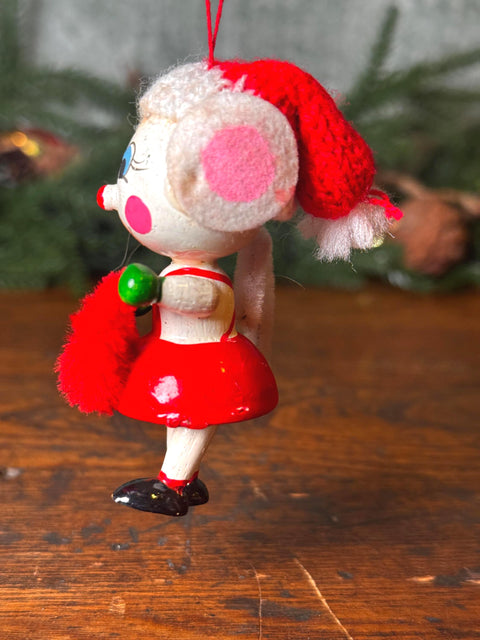 Vintage Christmas Mouse Figurine with Red Dress and Knitted Hat