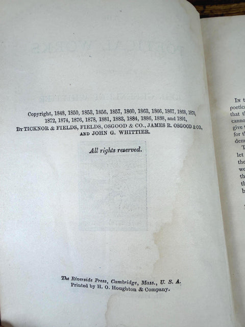 The Poetical Works of John Greenleaf Whittier | 1891 Hardback Poetry Collection