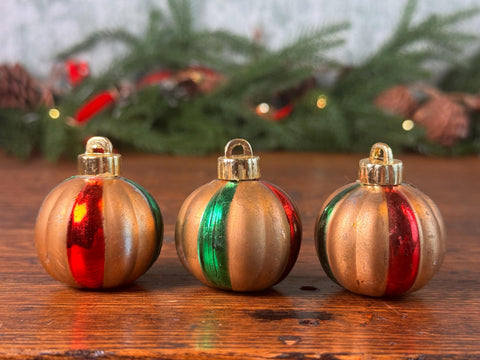 3 Vintage Gold, Red, and Green Glass Christmas Ornaments