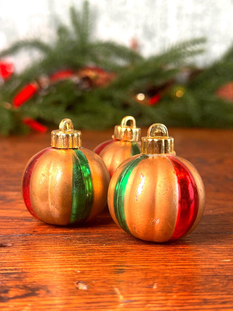 3 Vintage Gold, Red, and Green Glass Christmas Ornaments