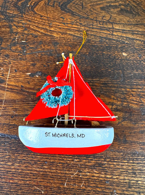 Miniature Wooden Sailboat Ornament from St. Michaels, Maryland