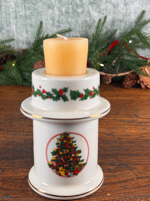 Ceramic Christmas Tree Candle Holder with Holly and Tree Motif