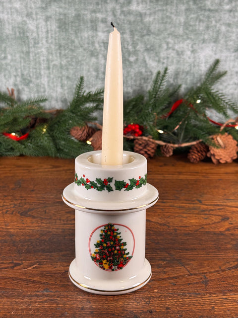 Ceramic Christmas Tree Candle Holder with Holly and Tree Motif