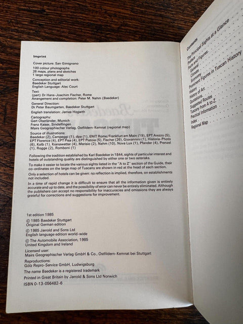 Baedekers Tuscany by Jarrold and Sons Ltd | 1985 Paperback Travel Guide