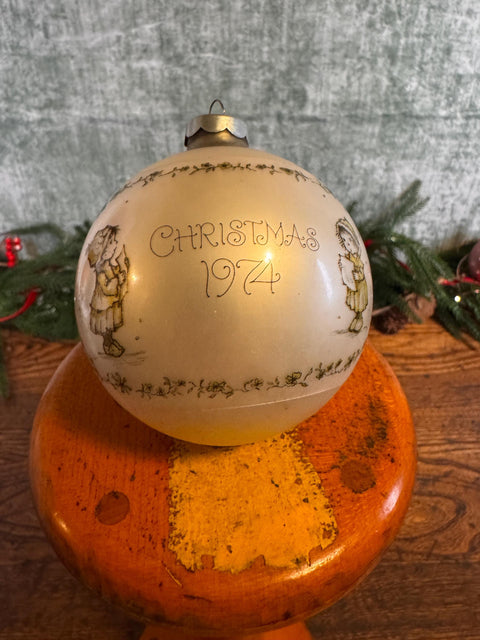 Christmas 1974 Glass Ornament with Vintage Children Illustration
