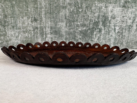 Vintage 15" Hand Tooled Leather Tray with Scalloped Edges