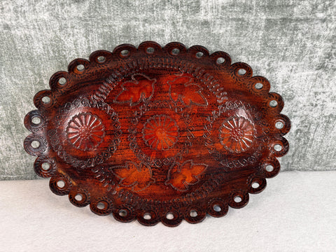 Vintage 15" Hand Tooled Leather Tray with Scalloped Edges