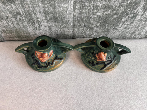 1943 Roseville Pottery Candle Holders with Floral Motif