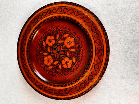 Vintage Polish Folk Art Wood Plate, 7.5" Floral Plate with Brass Inlay