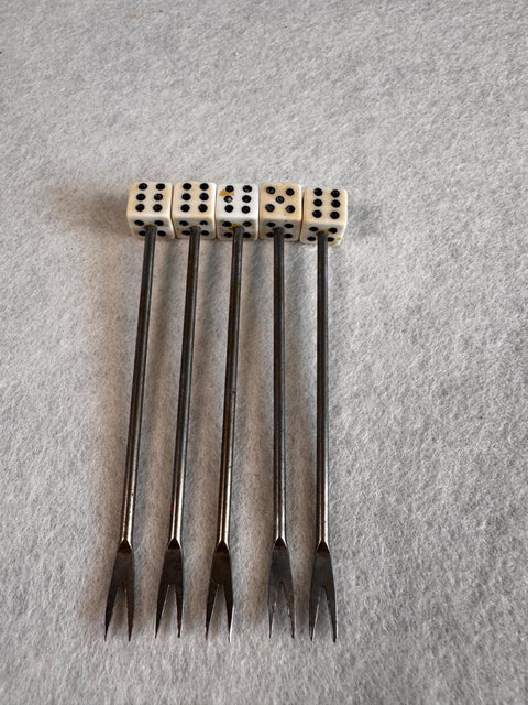 Vintage MCM Dice Cocktail Picks with Stand, Mid Century Appetizer Fork Set