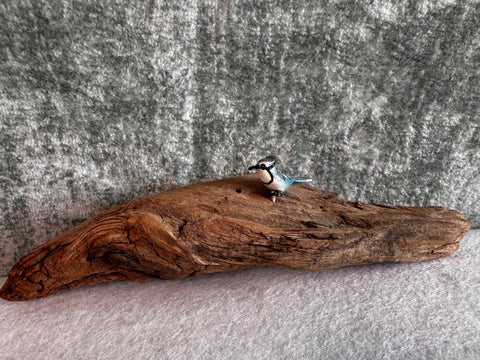 Small Blue Jay Bird Figurine on Driftwood Base