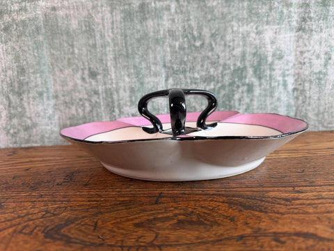 Limoges France Divided Serving Dish with Handle in Pink and Floral Basket Design