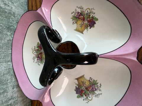 Limoges France Divided Serving Dish with Handle in Pink and Floral Basket Design