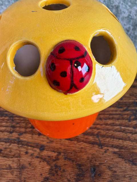 Vintage Ceramic Mushroom Pen Holder | Orange Yellow Ladybug