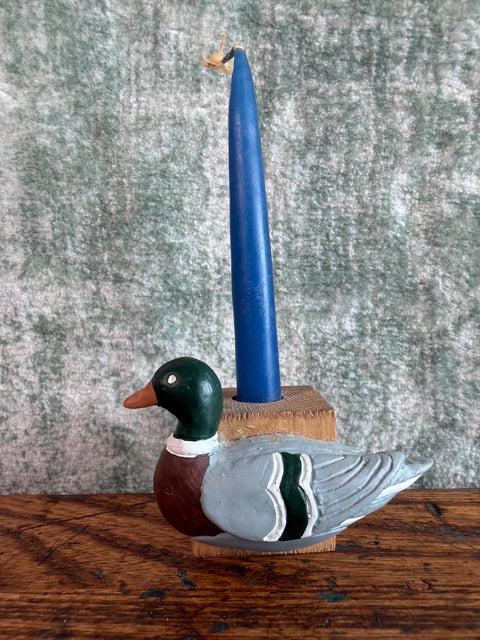 Wooden Duck Candle Holder with Blue Candle