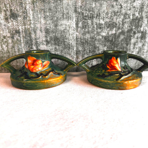 1943 Roseville Pottery Candle Holders with Floral Motif