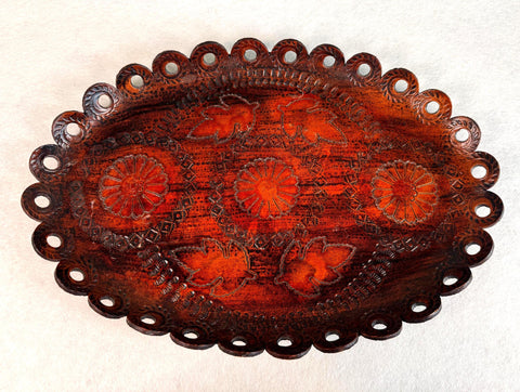 Vintage 15" Hand Tooled Leather Tray with Scalloped Edges