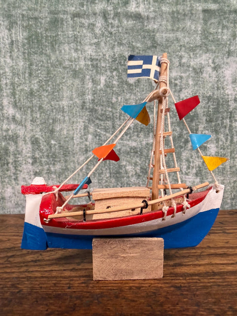 Handmade Miniature Wooden Sailboat Model with Colorful Flags