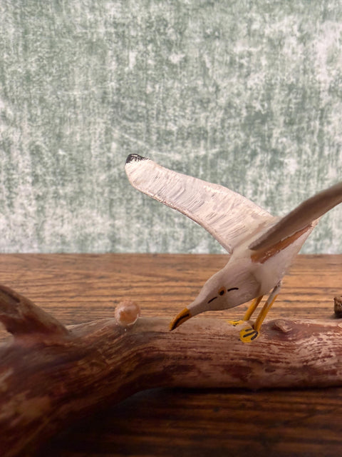 Wooden Seagull Figurine on Driftwood Base