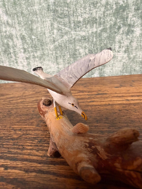 Wooden Seagull Figurine on Driftwood Base