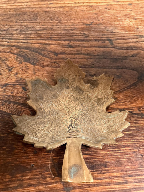 Brass Leaf-Shaped Decorative Dish with Intricate Floral Engraving