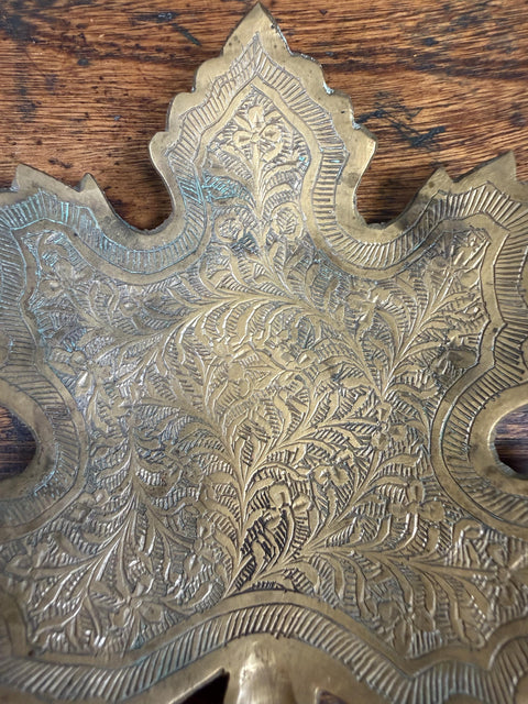 Brass Leaf-Shaped Decorative Dish with Intricate Floral Engraving