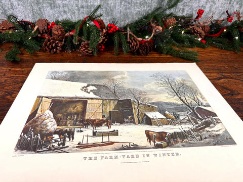 The Farm-Yard in Winter by Currier & Ives | Vintage Color Lithograph Print