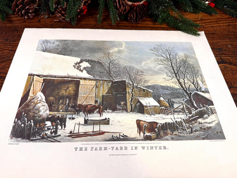 The Farm-Yard in Winter by Currier & Ives | Vintage Color Lithograph Print