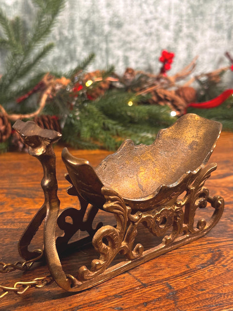 Brass Reindeer and Sleigh Figurine Holiday Decor