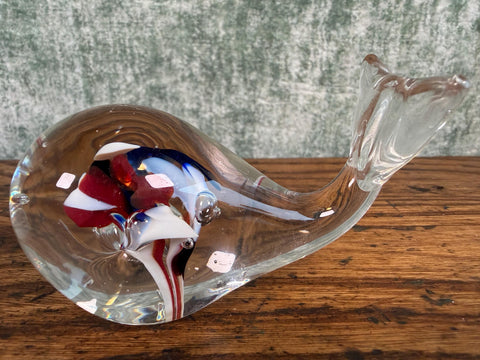 Glass Whale Paperweight with Red, White, and Blue Swirls