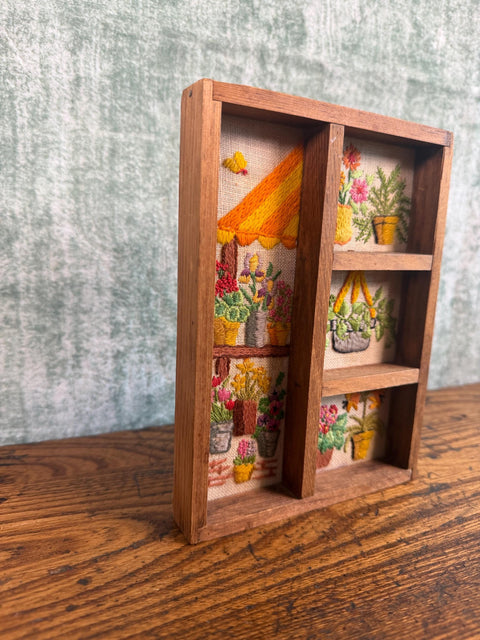 Wooden Display Shelf with Hand-Embroidered Floral Panels